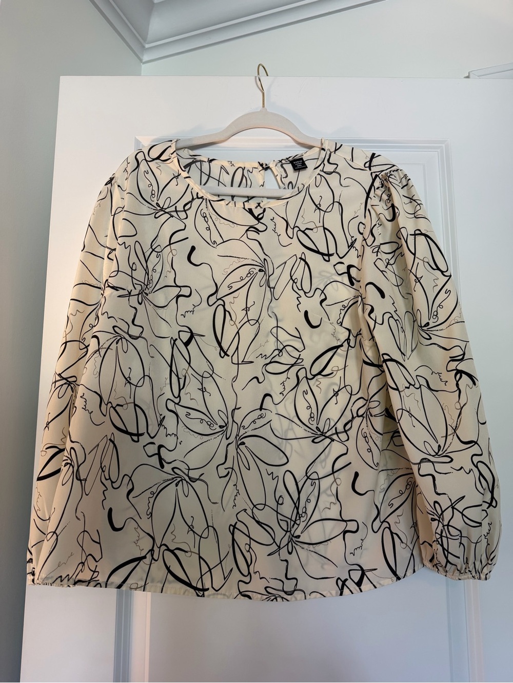 SHEIN Cream Blouse with Black Floral Line Print